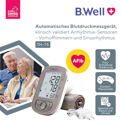 B.Well TH-75 Blood Pressure Monitor | AFib Detection & Automatic Measurement | Swiss Quality Standard, Clinically Validated, 3CHECK-Triple Measurement, 2×90 Memory, Cuff 22-42cm, Power Adapter TH-75 with power supply