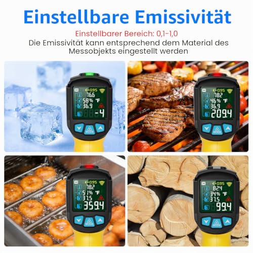 Infrared Thermometer MESTEK Temperature Meter Digital Laser IR Pyrometer K-Probe -50°C ~ 800°C Non-Contact with Color LCD Alarm Function Adjustable Emissivity for Kitchen Grill Automotive IR02C-Yellow