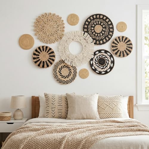 11 Pcs Boho Wall Basket Decor, Bulrush Woven Wall Hanging, Multi Size