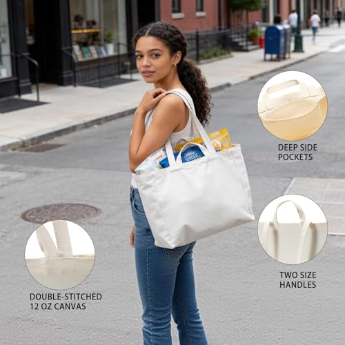 Canvas Grocery Bags Canvas Tote Bag with Long Shoulder Strap and Short Handle Heavy Duty, Foldable, Washable 10 Pack