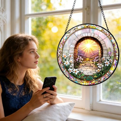 7.87 Inch Religious Stained Glass Window Hanging,Sky Mirror Stained Glass Suncatcher Window Panel Christianity Suncatcher Decor for Birthday for Women, Men, Wife, Aunt, and Mom Sky Mirror&flower
