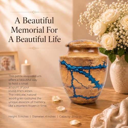 Wooden Handcrafted Urn (Small Keepsake (20 lbs)) in Capacity. Decorative urn for Ashes Blue Raising Urn for Man and Women Burial and Funeral Urn Handcrafted Unique Fractal Burning Design Small keepsake (20 lbs)