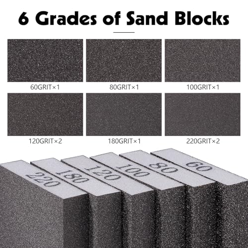 Sanding Sponge Set, 6 Grits, Wet & Dry, Can Be Cut to Size, Pack of 8 | Washable, flexible, for wood, metal, walls, plastic, ceramic, coarse to fine 60/80/100/120/180/220 8 pieces #60-#220