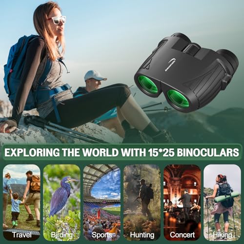 Aurosports Compact Binoculars for Adults & Kids - 15x25 High Power Binoculars with FMC Lenses & High Light Transmission Ultra Lightweight & Small Binos for Bird Watching Gifts for Men Women - Black