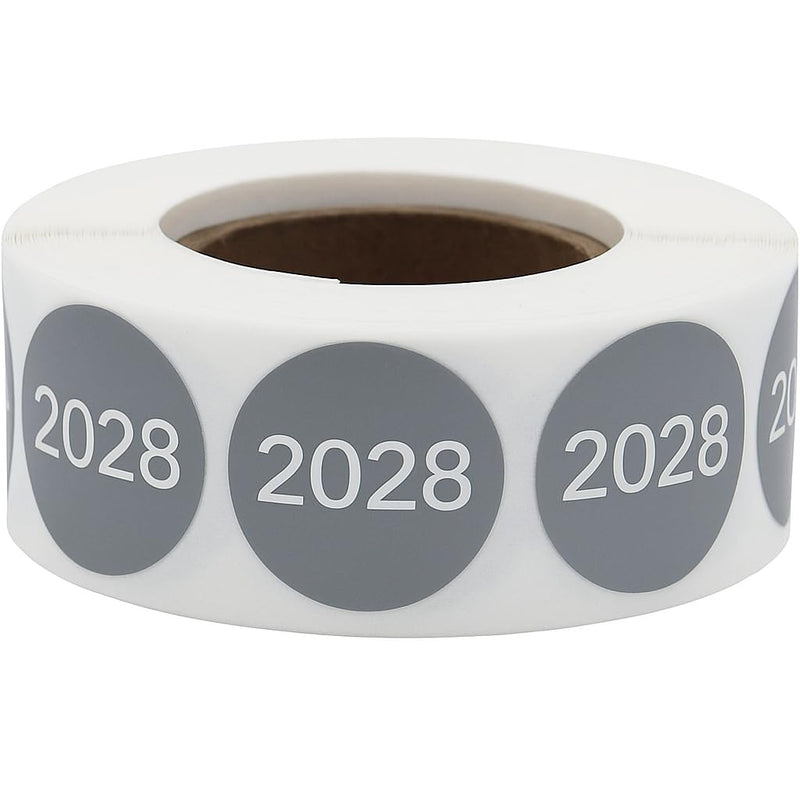 2028 Year Stickers – Gray with White Text 0.75 Inch Round Labels, 500 Total Adhesive Stickers Per Roll for Inventory, Rotation, Dating, and Filing – Made in the USA