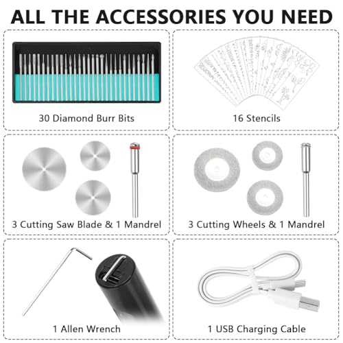 Ainiv Electric Engraving Tool Kit, USB Cordless Rechargeable Engraving Pen, Mini DIY Engraving Tool Kit, 30 Drill Rotary Carving Tools for Carving Glass Wood Metal Stone Plastic Jewelry, Black Black-electric Engraving Tool Kit