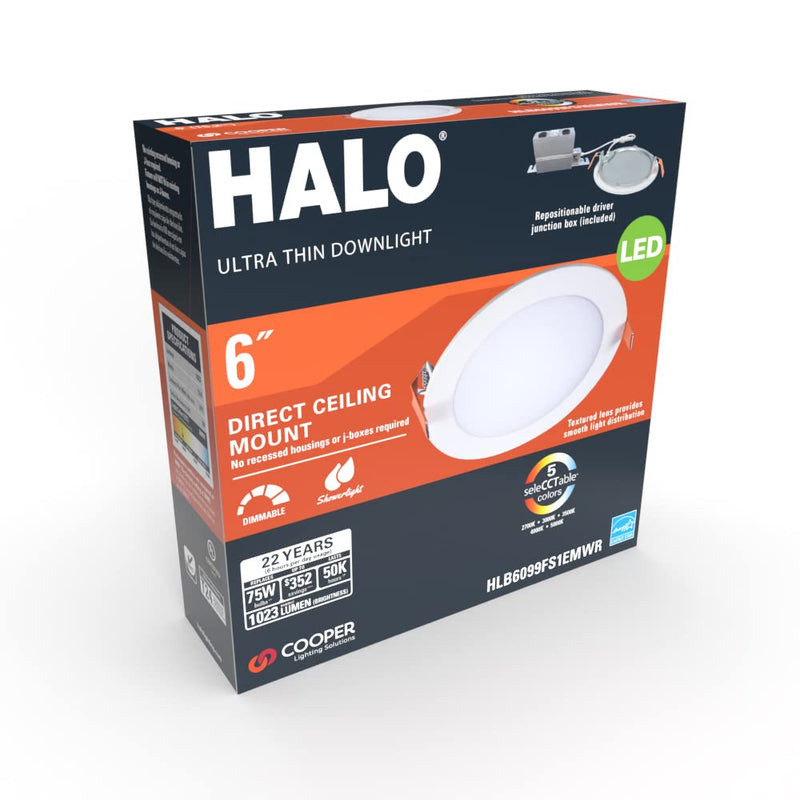 [Australia - AusPower] - HALO HLB 6 inch Recessed LED Ceiling & Shower Disc Light – Canless Ultra Thin Downlight – 5CCT Selectable - White White - 1 Pack 