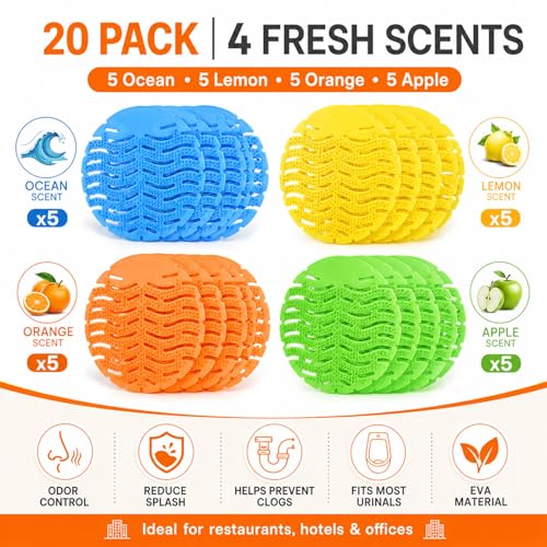 Urinal Screens Deodorizer Mats 20 Pack, Anti-Splash Scented Blocks Ocean, Citrus, Lavender, Pine Scents