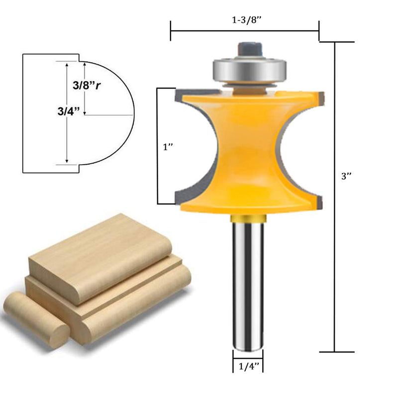 TAIWAIN 5PCS Router Bit Set Woodworking Cutter 1/4 Inch Shank, Half Round Bearing Bullnose Milling Door Cabinet Drawer Cutter Bits, Carbide Tipped Round Edge Cutting Ball Blade Radius(G1-G) G1-G