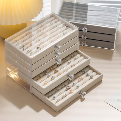 SPAKOWN Ring Box Display Holder, Clear Velvet Jewelry Storage Tray Organizer for Ring Stud Earring (Grey - 5 Drawers) Grey