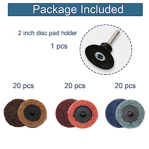 COSPOF 2-inch sanding discs assortment with brown coarse, red medium, blue fine discs and 1/4-inch pad holder