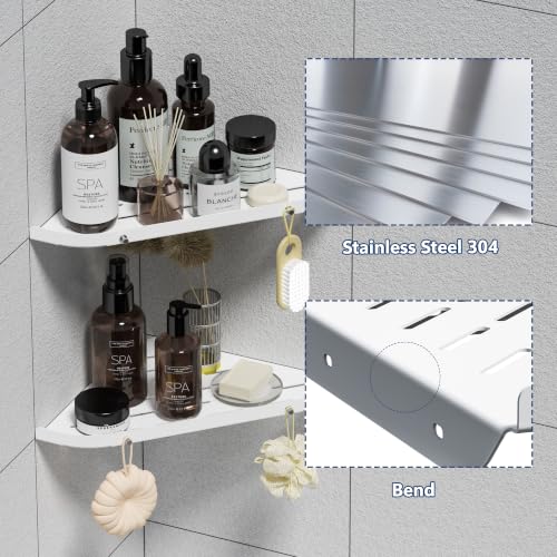 Qeke Corner Shower Shelf, 9" Corner Shower Caddy, SUS304 Stainless Steel Shower Organizer Wall Mount Corner Shelf with 2 Hooks for Bathroom, Dorm and Kitchen, Matte White (2 Pack)