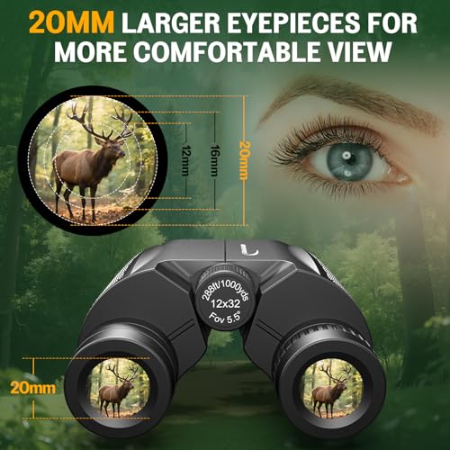 Aurosports 12x32 Compact Binoculars for Adults - Small Binoculars with FMC Lens & BAK4 Prism - Wide 273ft/1000yds Field of View - Easy Focus Binos for Bird Watching Traveling Gifts for Men Women 12x32-Compact