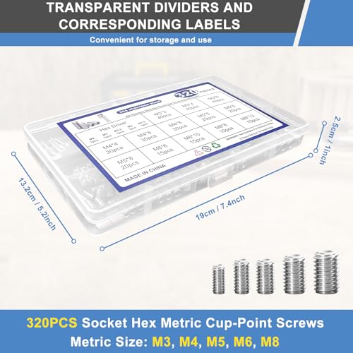 OUTOOOOL 320-piece metric set screw assortment with M3-M8 hex socket heads and storage box