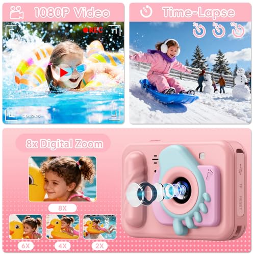 Underwater Camera for Kids - IP68 Waterproof Camera, 48MP Dual Lens, 1080P Video Recording, Toddler Camera for Pool & Beach, Ideal Christmas Birthday Gifts for Boys Girls Age 3-12(Cute Pink) Cute Pink
