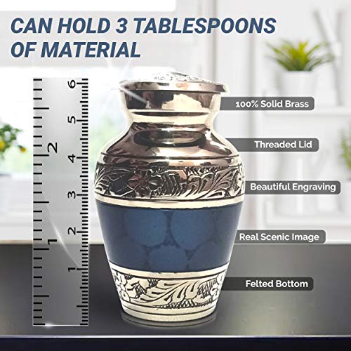 Small Keepsake Cremation Urns for Human Ashes with Velvet Heart Case and Funnel - Beautiful Peaceful Dark Blue Brass Hand Engraved Mini Memorial Urn Blue Small Keesake Urn