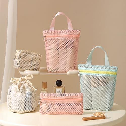 5 Pcs Portable Mesh Shower Caddy Tote Set, Quick Dry Mesh Beach Bag for Women, Portable Toiletry Tote for Bathroom, Gym, Travel, Camp, Beach, for Sunscreen, Dorm & College Essentials Blue