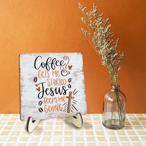 Inspirational Coffee Sign Rustic Desk Decor Decorative Christian Religious Bible Verse Faith Decoration for Home Farmhouse Bedroom Office Coffee Bar Table Shelf Tiered Tray Plaque with Wood Stand multicolour0345