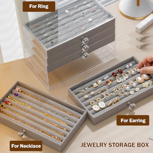 SPAKOWN Ring Box Display Holder, Clear Velvet Jewelry Storage Tray Organizer for Ring Stud Earring (Grey - 5 Drawers) Grey