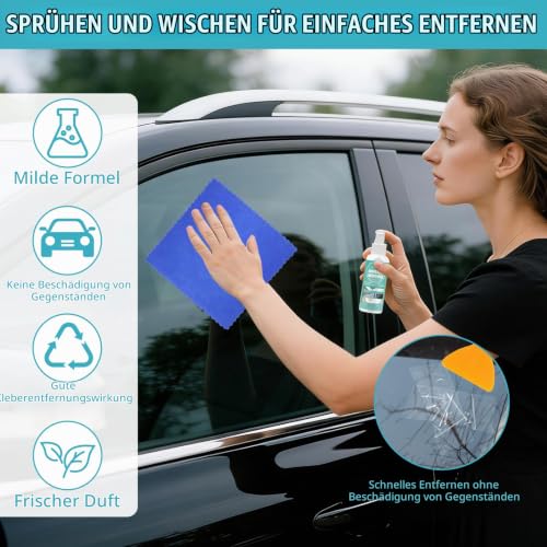 Adhesive residue remover spray, powerful label remover, 120 ml, adhesive remover, complete with scraper and cloth, effectively removes adhesive labels and adhesive residue from glass, plastic and