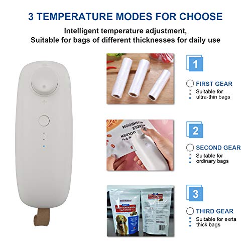 Mini Heat Sealer USB Bag Sealer Machine with Cutter High Security Handheld 2 in 1 Sealer Clips Portable Electric Rechargeable Quick Sealer for Plastic Bags Food Snack Fresh Bag Resealer White