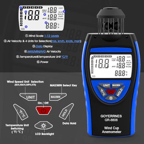 Digital Anemometer Wind Gauge, GR-8806 Handheld Wind Gauge, Anemometer Measures Wind Speed and Temperature, LCD Screen Data Storage, Supports Tripod Screws GR-8806-Blue