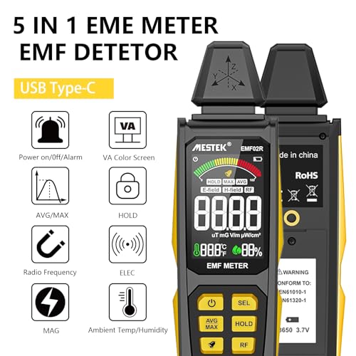 EMF Meter, MESTEK 5 in 1 EMF Radiation Detector EF/MF/Radio Frequency Field Electromagnetic, Rechargeable House EMF Detection Yellow EMF Gauge
