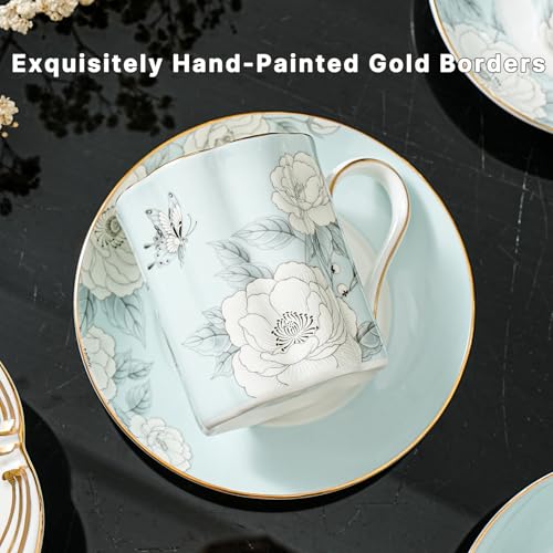 Floral Tea Cup and Saucer Set, Bone China Cup and Saucer with Spoon, Elegant Porcelain Coffee Cup with Gold Trim, Food Grade Coffee Mug for Women, Tea Party, Gifts Giving, 8.5 oz