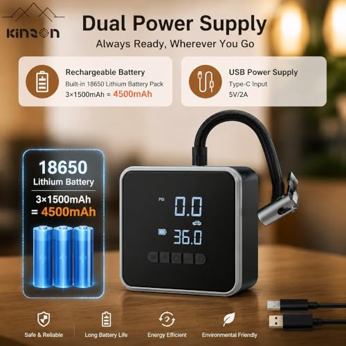 KinZon Portable Wireless Air Compressor - Car Tyre Inflator 150PSI Dual Power 12V + Battery, Auto Shut-Off Digital Display LED Lamp for Car, Motorcycle, Bike, Emergency
