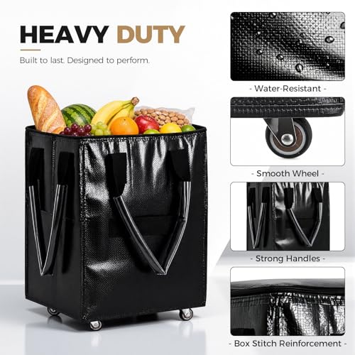 Collapsible Rolling Bag with 4 Wheels,Carries Up to 66lb Rolling Tote Bag,Rolling Grocery Bag for Shopping Black
