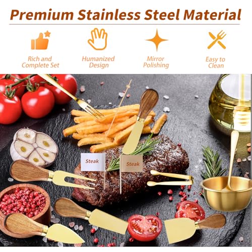 46Pcs Charcuterie Boards Accessories Small Serving Utensil Set Cheese Butter Spreader Knives Mini Stainless Steel Cutlery Tong Spoon Fork Bowl Wooden Toothpick for Kitchen Wedding Christmas Gift(Gold) 46Pcs Gold