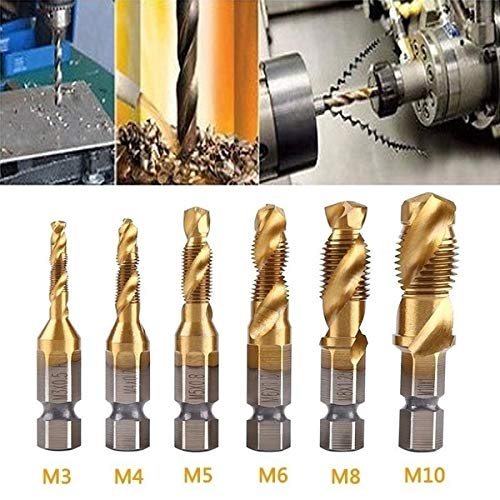 Drill Tap Set 6 Pieces Titanium Coated HSS Drill Bit M3-M10 1/4 Inch Hex Shank for Lathe Machine Tap Cutting