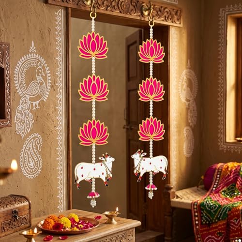TIED RIBBONS 2 Pcs Kamdhenu Indian Hanging Decorations | Plastic, 2 feet | Lotus Wall Hanging for Indian Pooja Diwali Decor, Ganesh Chaturthi Decoration, Navratri | Wall Hangings for Mandir
