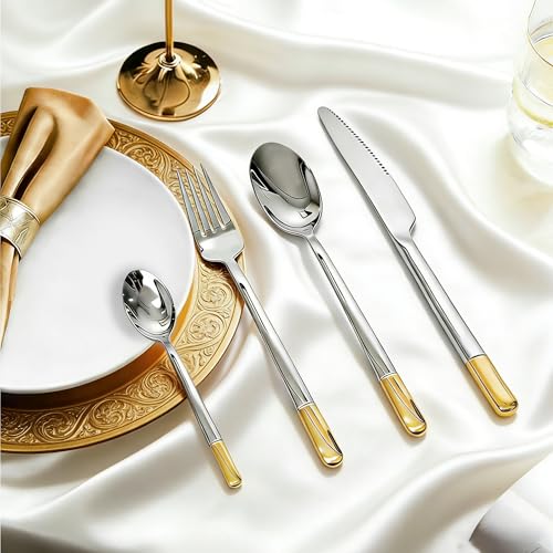 Silverware Set Service for 2, IKXO 8-Piece Modern Stainless Steel Flatware Cutlery Set, Dinnerware sets Include Fork Knife and Spoon Set, Mirror Polished Gold and Silver 2 people, 8 items