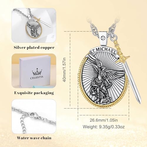 CELESTIA St Michael Pendant for Men Sterling Silver St Michael the Archangel Necklace Medal Jewelry Saint Michael Pendant Protect Us Amulet Necklace Fathers Mothers Day Gifts for Men Son Dad Him