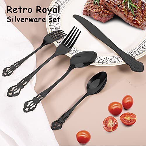 Black Silverware Set for 4, Stainless Steel Gorgeous Retro Royal Flatware Set, 20-Pieces Cutlery Tableware set, Kitchen utensils set Include Spoons And Forks Set, Mirror Finish, Dishwasher Safe Mirror Black Service For 4