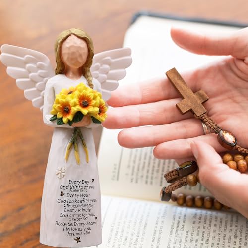 Christian Gifts for Women Birthday, Religious Gifts for Women, Mom Sister, Spiritual Inspirational Gift, Hand-Painted Sunflower Angel Figurine with Scripture Engraving