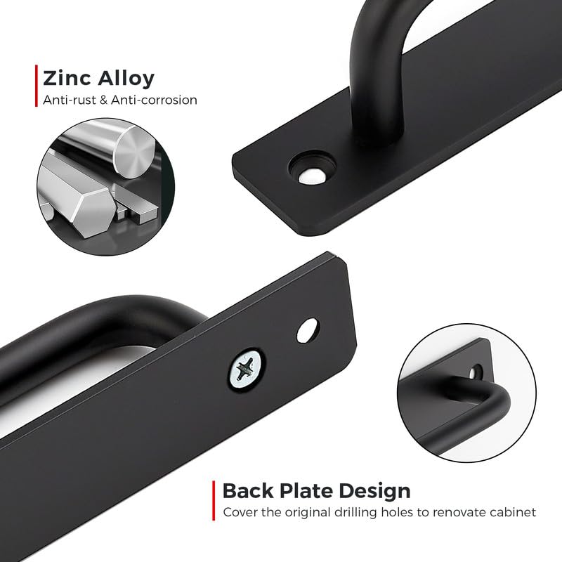Ravinte Barn Door Handles 8 Pack Sliding Door Handle 8.8" Hole Center Barn Door Handles Black Cabinet Handles Door Pull Handle Zinc Alloy Door Pulls with Plate for Sliding Closet Door Handle 8.8 In Hole Center