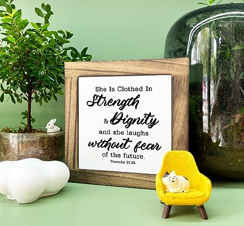 Bible Verse Proverbs 31:25 Box Sign, She is Clothed in Strength & Dignity and She Laughs without Fear of the Future, Wooden Plaque Gift Tabletop, Positive Sign, Christian Desk Decor Gift, Home Decor