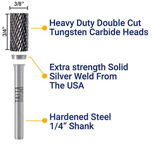 SA-3 Cylindrical Double-Cut Carbide Burr, 1/4 in Shank, 3 Pack 3pc