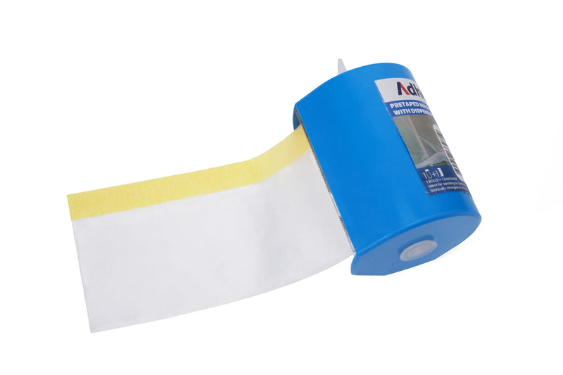 ADHES Pretaped Masking Film with Dispenser, 550mm x 33m (22in x 108ft), Paint Protection Plastic Drop Cloth for Painting, Automotive, Furniture and Floor Covering 22in x 108ft 1