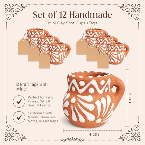 Cantaritos de barro 12 pack –Mexian Handmade 1 oz Talavera Clay Cups, Tequila Shot Glass Set, Mini Ceramic Party Favors, Cielito Lindo, Weddings, Fiesta Decorations- HECHO EN MEXICO