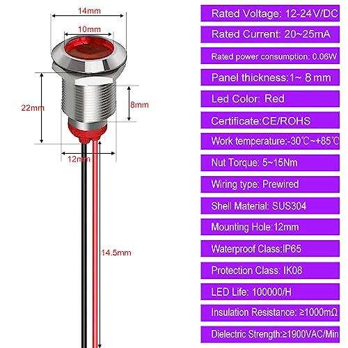 Gebildet 5pcs 12 mm AC/DC 12-24V LED Metal Indicator Light Waterproof Signal Lamp Pilot Dash Directional with Wire (Red) Red-ac/DC 12-24 V