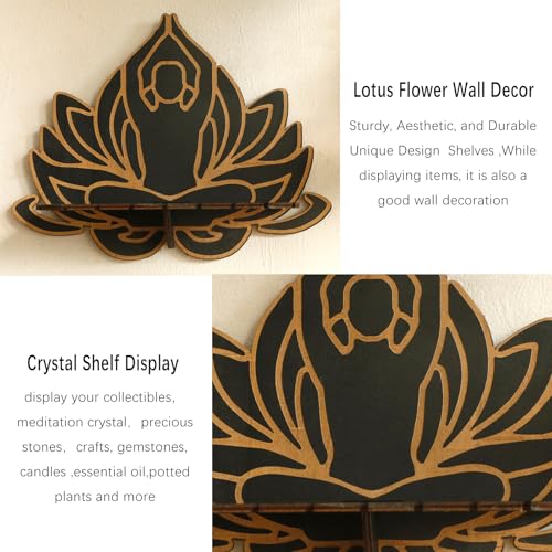 Artilady Lotus Crystal Shelf Display Wall Decor,Witchy Wood Storage Shelves 3 Pcs Lotus Meditate