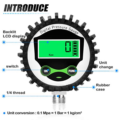 MEANLIN MEASURE 0-200 PSI digital pressure gauge with rubber cover, lower mount, and NPT hex bushings