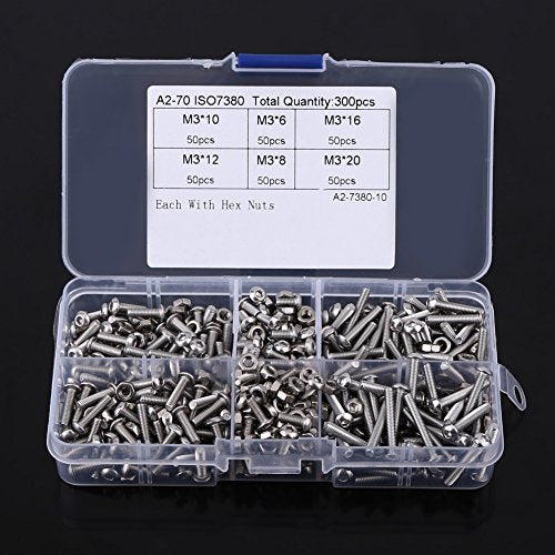 300-piece M3 stainless steel button head hex socket screws and nuts assortment kit with storage box