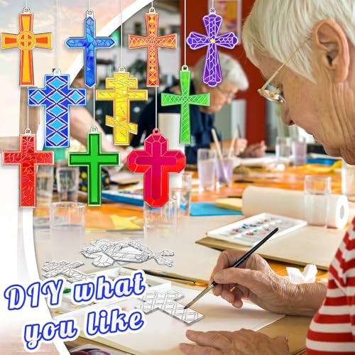 Wonderjune 60 Sets Ramadan Suncatcher Decorations Window Eid Christian Cross Suncatcher Ornaments Paint DIY Religious Art Suncatchers Crafts Kit for Jesus Sunday Activities Project Party
