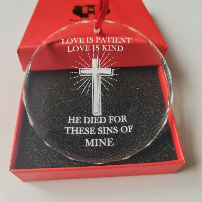Christian Bible Glass Hanging Ornament for Car and Home Decorations | Love is Patient Love is Kind He Died for These Sins of Mine | Circle Shape 1 Round