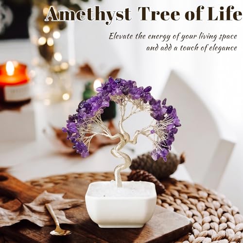 Runyangshi Chakra Tree of Life,Chakra Crystal Money Tree Lucky Bamboo Feng Shui Home Decor Gift (Amethyst) Purple
