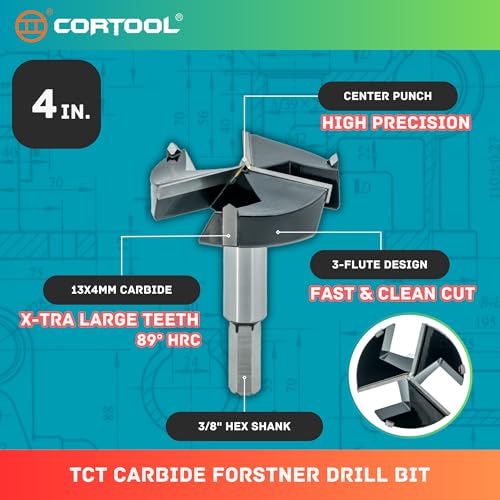Cortool 4-inch triple-flute carbide-tipped Forstner drill bit for woodworking and hinge holes